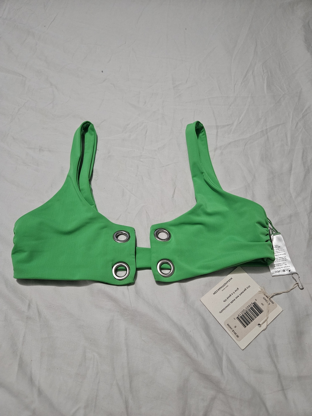 Mara Hoffman Bright Green Bikini Top with Grommet Detail